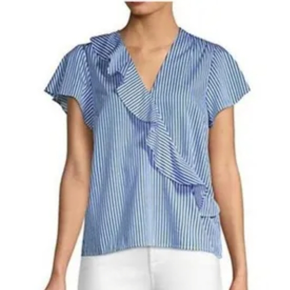 Draper James blouse top blue white striped cross over size 10 with snap Draper - Picture 1 of 8